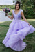 V Neck Lilac Tiered Long Prom Dress with Ruffles, A Line Evening Gown