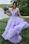 V Neck Lilac Tiered Long Prom Dress with Ruffles, A Line Evening Gown