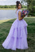 V Neck Lilac Tiered Long Prom Dress with Ruffles, A Line Evening Gown