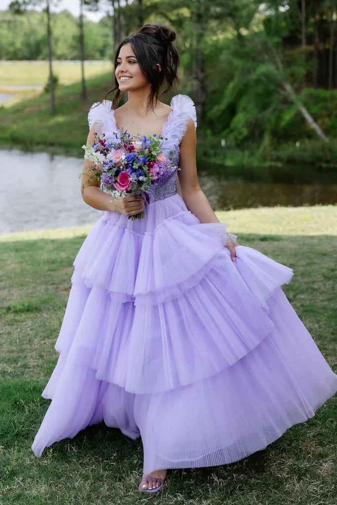 V Neck Lilac Tiered Long Prom Dress with Ruffles, A Line Evening Gown