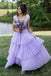 V Neck Lilac Tiered Long Prom Dress with Ruffles, A Line Evening Gown