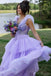V Neck Lilac Tiered Long Prom Dress with Ruffles, A Line Evening Gown