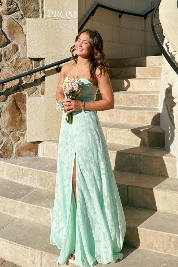 Strapless Mint Green Lace Long Prom Dress with Slit, A Line Evening Gown