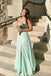 Strapless Mint Green Lace Long Prom Dress with Slit, A Line Evening Gown