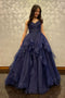 Spaghetti Straps Dark Blue A-Line Tulle Long Prom Dress With Ruched