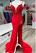 Spaghetti Straps Plunge V Red Applique Mermaid Prom Dresses, Slit Long Formal Dress