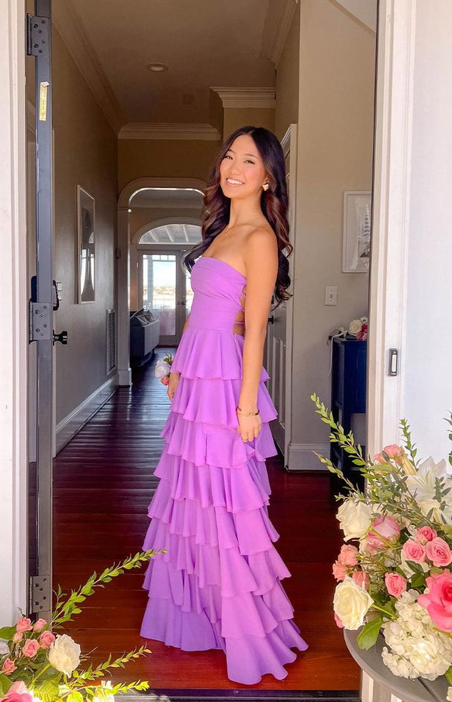 Long Purple Prom Dress Ruffles Strapless A Line Party Dress with Slit