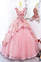 V-neck Tulle A Line Long Prom Dress with Flowers, Pink Lace Sweet 16 Dress