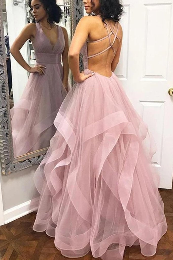 Backless Ruffles Graduation Dress A-Line V Neck Dusty Pink Long Prom Dresses With Straps DTP776 DressTok.co.uk Backless Ruffles Graduation Dress A-Line V Neck Dusty Pink Long Prom Dresses With Straps DTP776 DressTok.co.uk