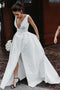 Elegant A-Line V-Neck Satin Simple Wedding Dress with Split