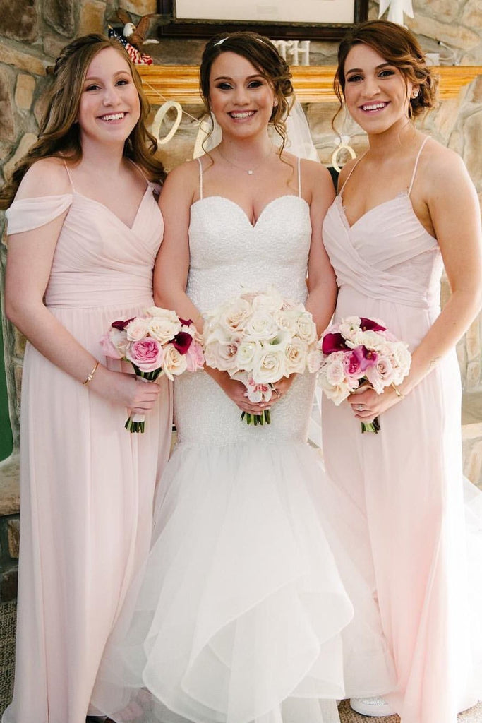 flowy straps v-neck pink chiffon long bridesmaid dresses dtb156