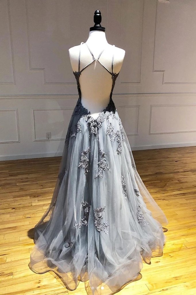 Tulle Gray Long Prom Dresses, Appliqued Backless Formal Evening Dress