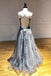 Tulle Gray Long Prom Dresses, Appliqued Backless Formal Evening Dress