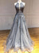 Tulle Gray Long Prom Dresses, Appliqued Backless Formal Evening Dress