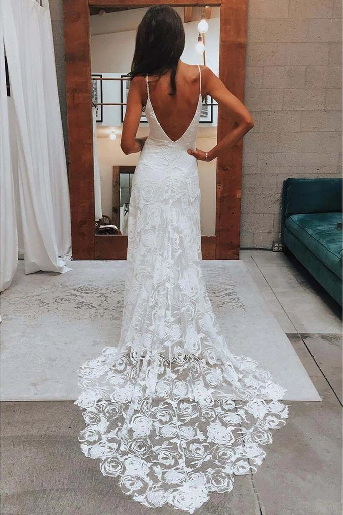 Beach Spaghetti Sheath Wedding Dresses Rose Lace Boho Bridal Gown
