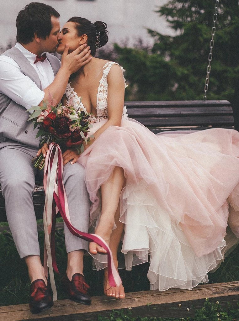 Sheer Round Neckline Pink Wedding Dress Backless Bridal Gown With Lace Appliques