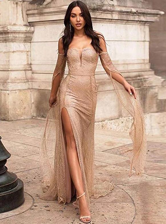 sexy sequins evening dresses off-shoulder long prom dresses with sleeves dtp897