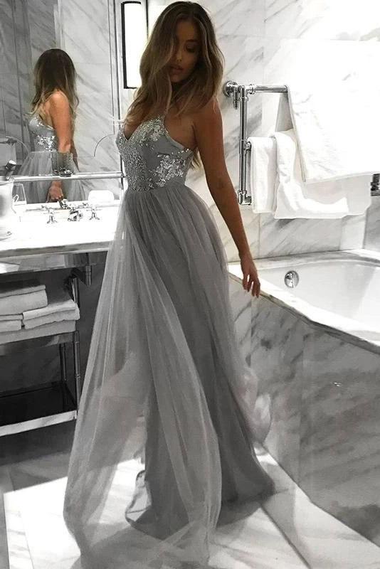 spaghetti straps tulle long graduation dress sexy backless prom dress dtp183