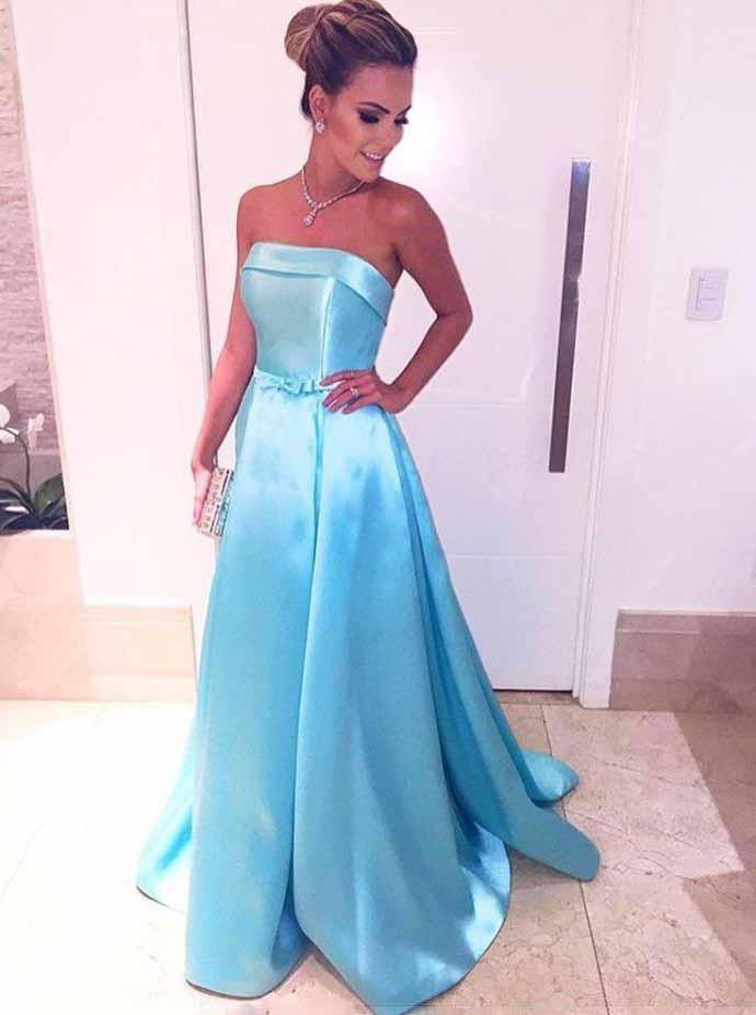 ice blue strapless prom dresses satin long evening dresses with waist bow dtp710