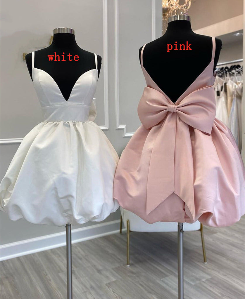 A-Line/Princess V-Neck Sleeveless Short/Mini Satin Homecoming Dress With Bow