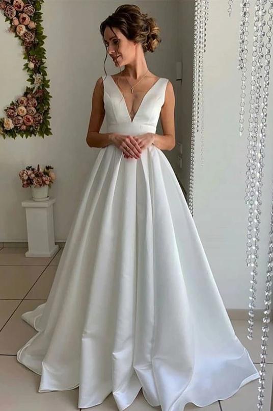 a-line v-neck satin bridal gown simple sleeveless wedding dress dtw122