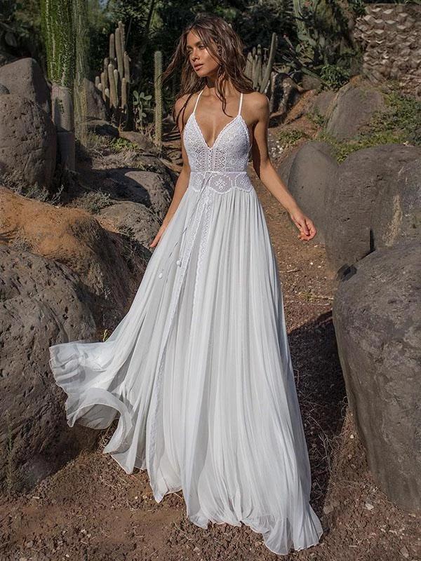 Boho V-neck Chiffon Long Wedding Dress, Beach Backless Two Piece Maxi Dress