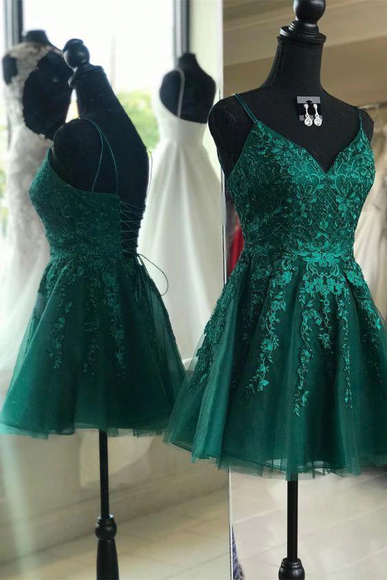 Emerald Green Homecoming Dress A line V neck Backless Short Prom Dress DTH375 DressTok