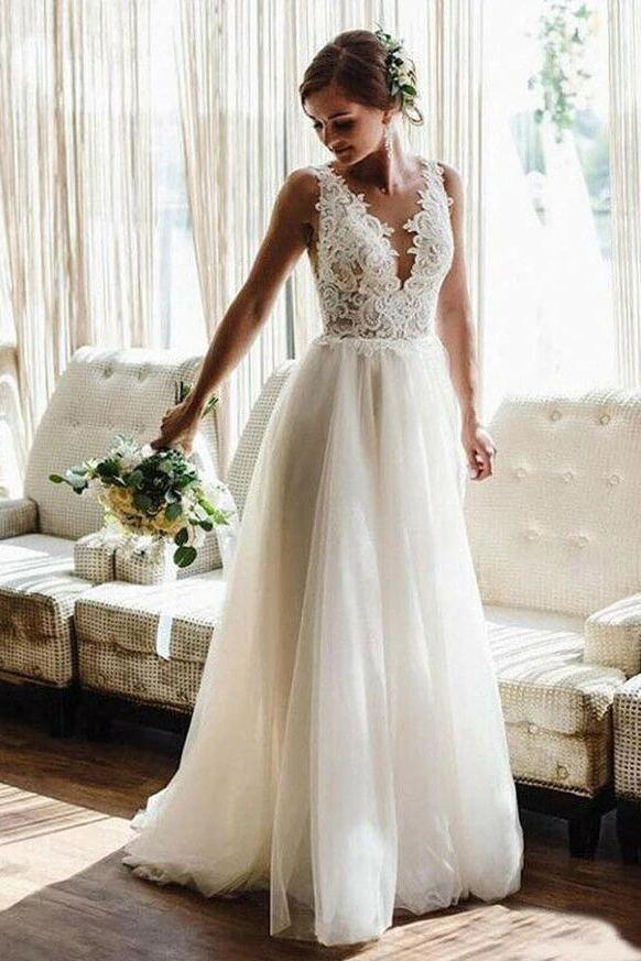 Lace Appliques Tulle Boho Bridal Gowns Backless A-line Beach Wedding Dress DTW396 DressTok.co.uk Lace Appliques Tulle Boho Bridal Gowns Backless A-line Beach Wedding Dress DTW396 DressTok.co.uk