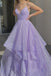 Lilac Sparkly Prom Dresses Long V-neck Formal Evening Dresses