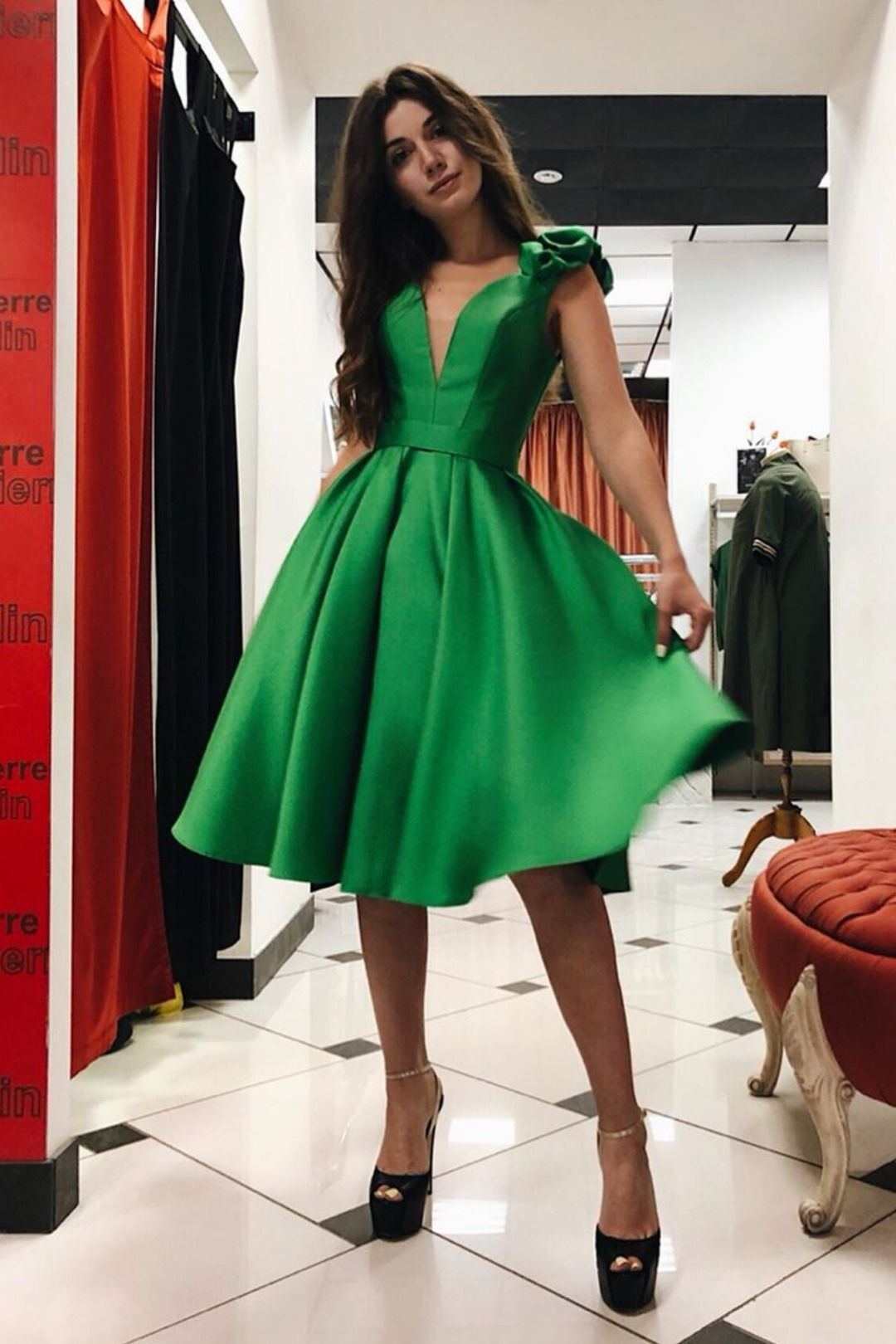 knee length green homecoming dress A Line Knee Length Green Homecoming Dresses Flower Embroidery Lace Formal Dresses ARD1040