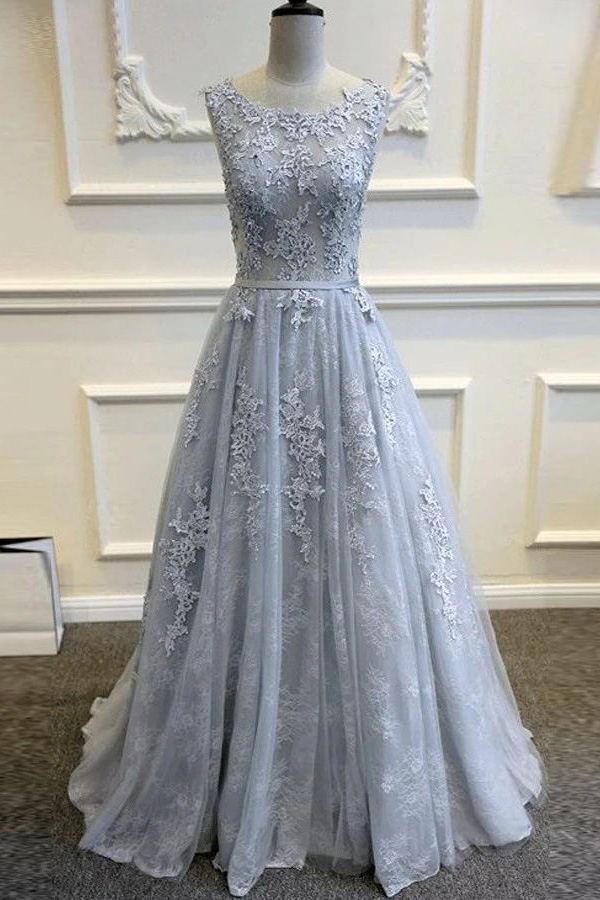tulle a-line princess backless long prom dress with lace appliques dtp217