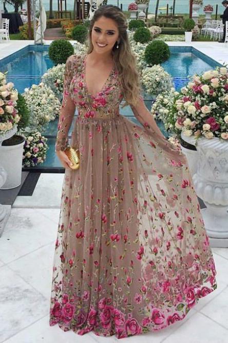 A-Line V-Neck Tulle Long Sleeves Prom Dress with Floral Appliques