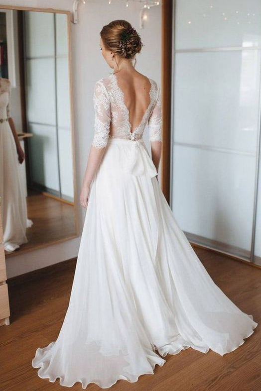 A-line Half Sleeves Lace Chiffon Beach Boho Wedding Dresses With V-bac DressTok.co.uk A-line Half Sleeves Lace Chiffon Beach Boho Wedding Dresses With V-bac DressTok.co.uk