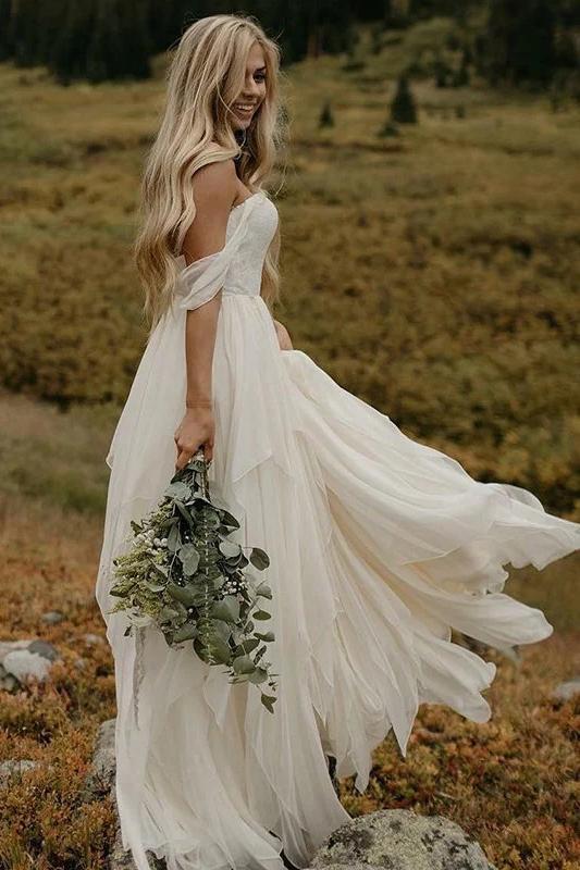 Chiffon Ivory Off Shoulder Sweetheart Boho Beach Wedding Dresses DTW21 DressTok.co.uk Chiffon Ivory Off Shoulder Sweetheart Boho Beach Wedding Dresses DTW21 DressTok.co.uk
