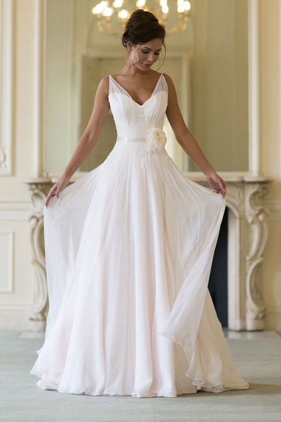Beach Ivory Chiffon Wedding Dress A Line V Neck Boho Bridal Dress With Flower DTW439 DressTok.co.uk Beach Ivory Chiffon Wedding Dress A Line V Neck Boho Bridal Dress With Flower DTW439 DressTok.co.uk
