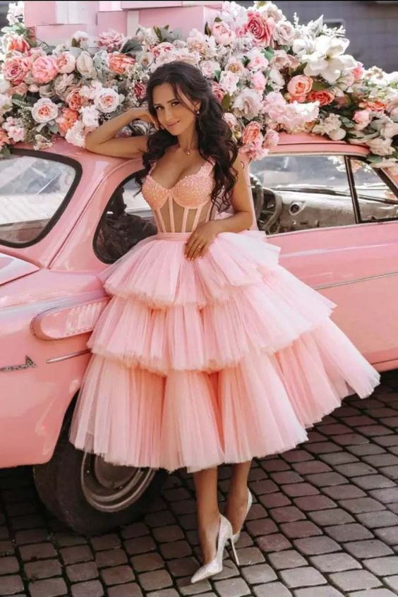 Blush Pink Sparkly Short Graduation Formal Dress