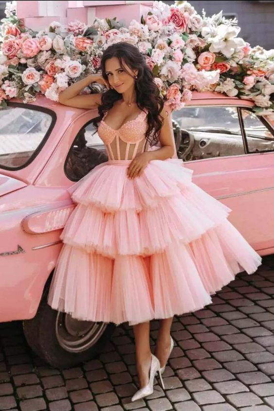 Beautiful Ball Gown Tulle Short Prom Dress, Princess Pink