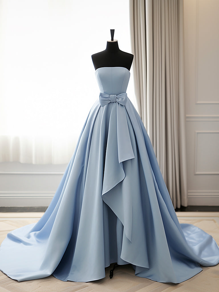 Rose Gold Macy's Ball Gown Skirt Strapless Blue A Line Satin Long Prom Dress, Bowknot Long Ball Gown Rose Gold Macy's Ball Gown Skirt Strapless Blue A Line Satin Long Prom Dress, Bowknot Long Ball Gown