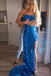 Charming Strapless Royal Blue Mermaid Prom Dress, Long Split Evening Dress