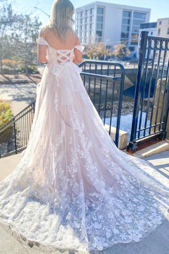 Off the Shoulder Lace Appliques Boho Wedding Dress Criss Cross 