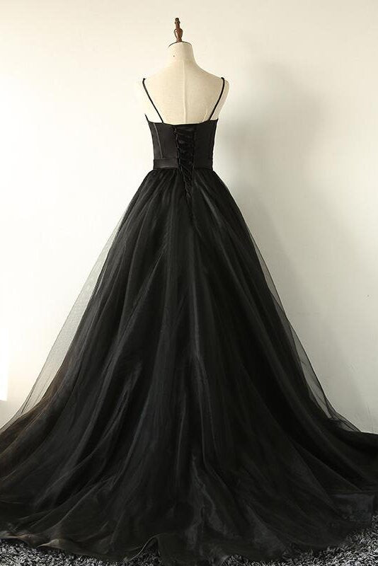 Elegant Straps Tulle Black Prom Dress Sweetheart Sleeveless Party Dress