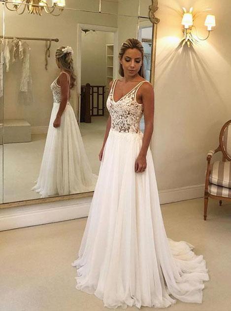 elegant chiffon lace applique backless beach wedding dress dtw134
