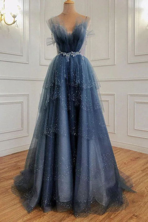Gray Blue Tulle Sequin Beads Long Prom Dress, Princess Long Evening Go DressTok.co.uk Gray Blue Tulle Sequin Beads Long Prom Dress, Princess Long Evening Go DressTok.co.uk