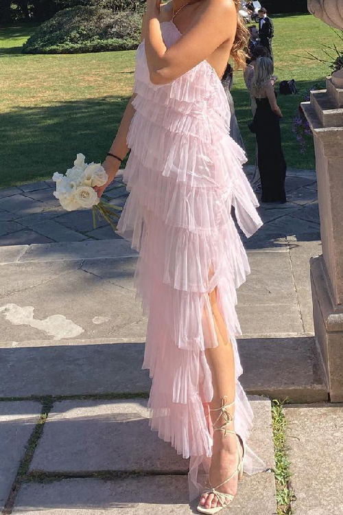 Halter Neck Tiered Tulle Long Prom Dresses, Sling Mesh Bridesmaid Dress