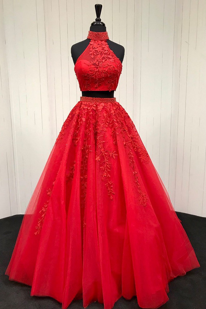 Halter Two Piece Tulle Red Long Prom Dress With Beaded Appliques DTP83 DressTok