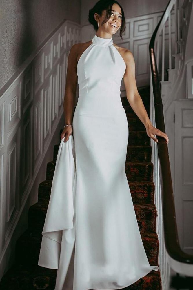 Elegant Halter Sheath Simple Sleeveless Wedding Dresses