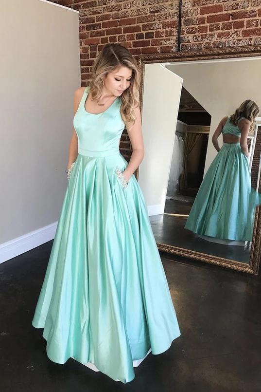 Mint Green Satin A-line Long Prom Dress Cut Back With Beaded Pockets DTP1095 DressTok.co.uk Mint Green Satin A-line Long Prom Dress Cut Back With Beaded Pockets DTP1095 DressTok.co.uk
