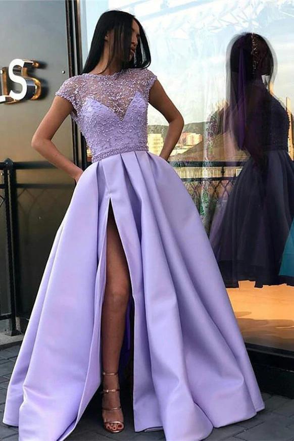 Lilac Long Beading Prom Dresses with Cap Sleeves Slit Evening Dress