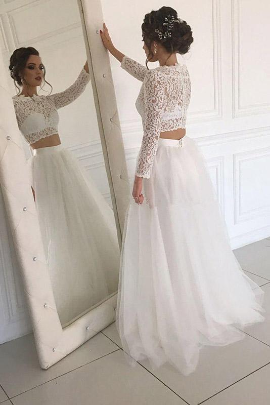 Long Sleeve Lace Ivory Two Piece Tulle Boho Beach Wedding Dresses DTW20 DressTok.co.uk Long Sleeve Lace Ivory Two Piece Tulle Boho Beach Wedding Dresses DTW20 DressTok.co.uk