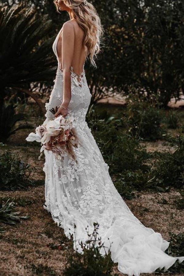 Mermaid Backless Wedding Dress Lace Applique Rustic Bridal Gown